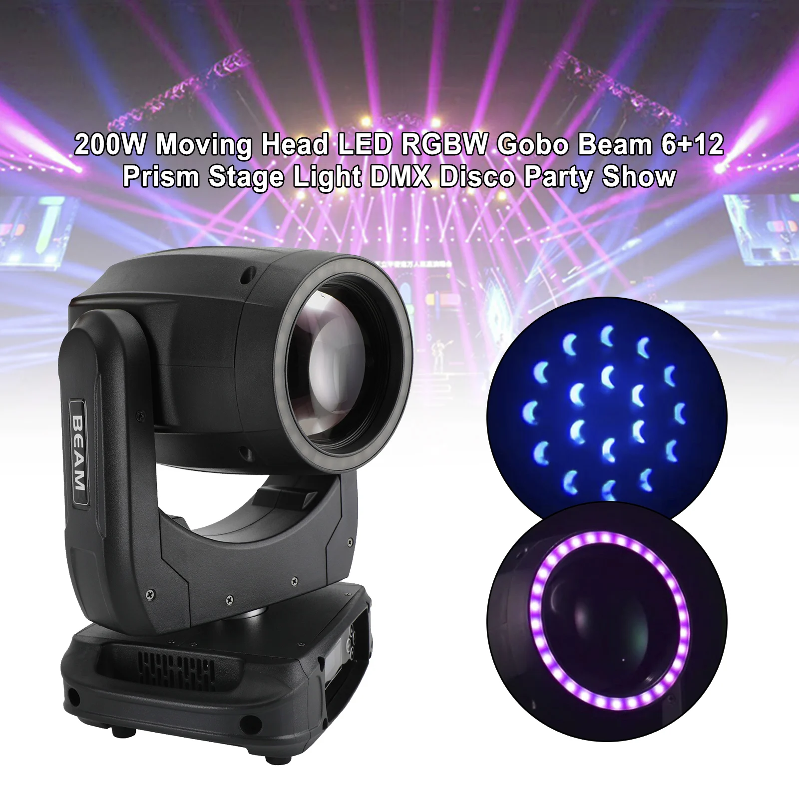 200W Moving Head LED RGBW Gobo Beam 6+12 Prism Stage Light DMX Disco Party Show