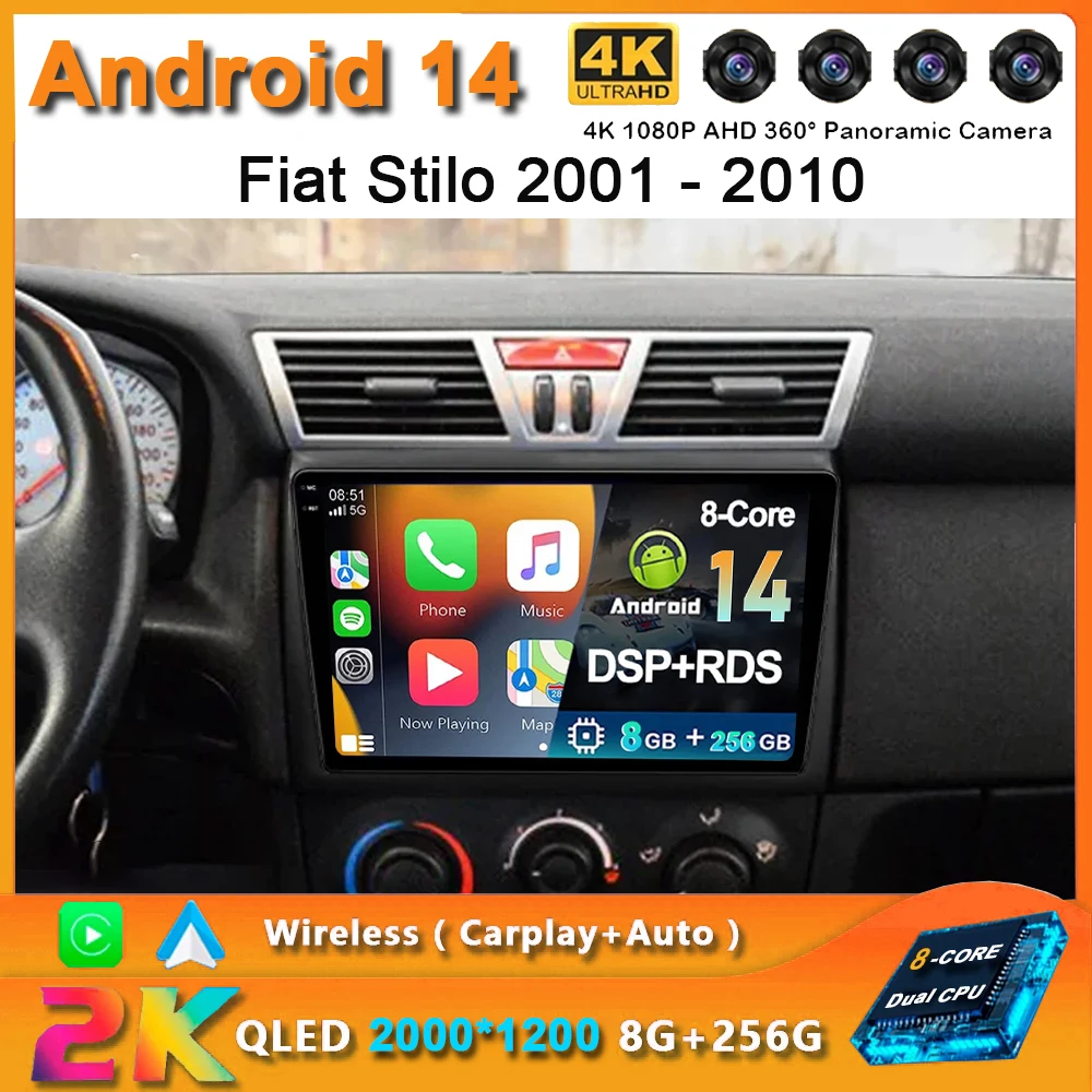 

For Fiat Stilo 2001 - 2010 2K QLED Android 14 Car Radio Multimedia Video Player GPS AI Voice CarPlay 4G Stereo Head Unit