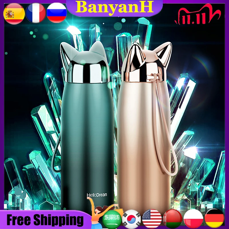 1pcs Cute Stainless Steel Cat ears Thermos Cups Thermocup Insulated Tumbler Vacuum Flask Thermo Coffee Mugs Travel Bottle Mug