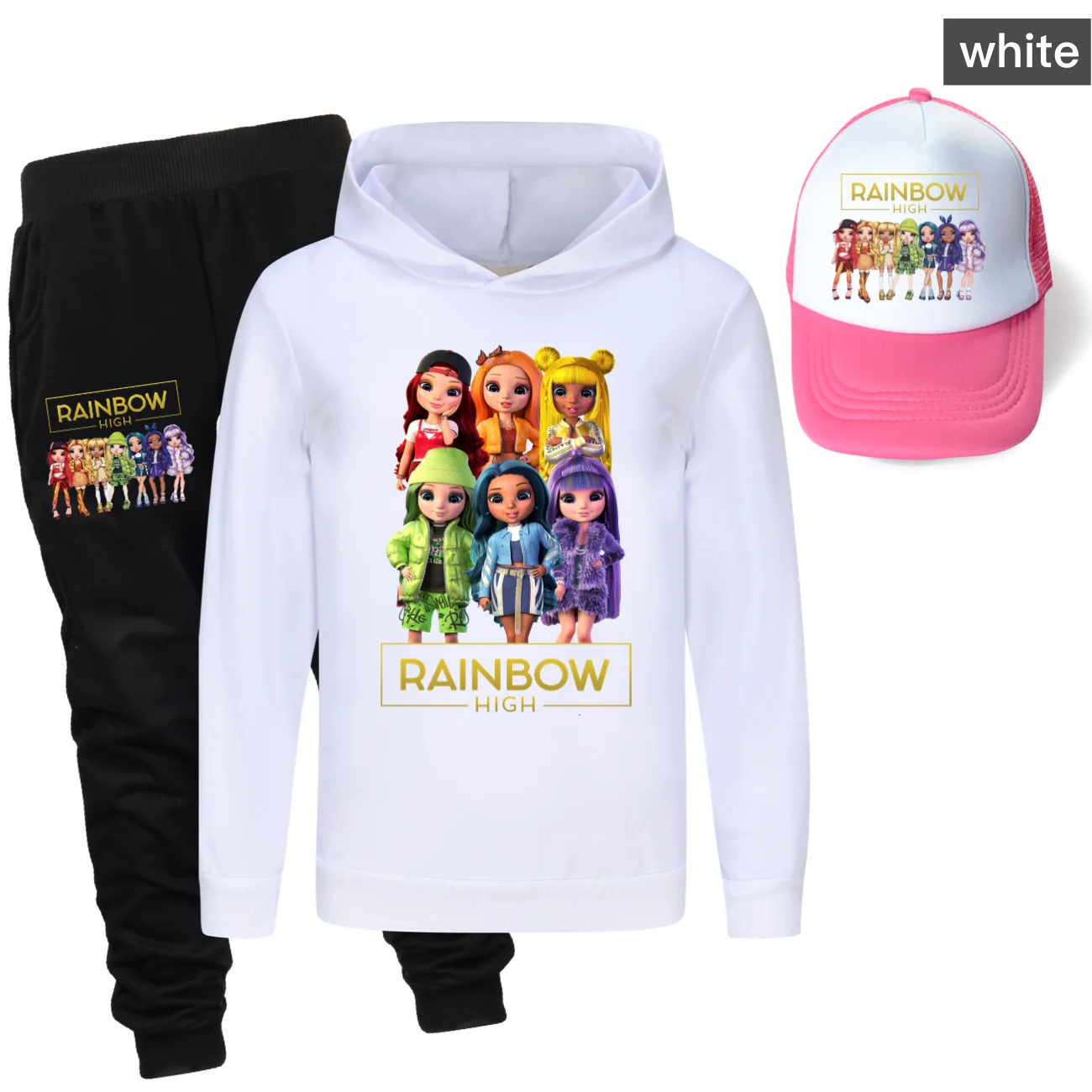 Rainbow High Clothes Kids Long Sleeve Hoodies+Jogging Pants hat 3pcs Set Toddler Girls Cartoon Outfits Teenager Boys Tracksuit