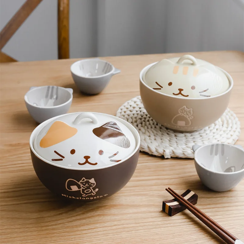 Cuenco de sopa de cerámica creativo, cuenco japonés con bonitos dibujos de animales y gatos con tapa, cuenco para fideos de arroz instantáneos para el hogar, vajilla