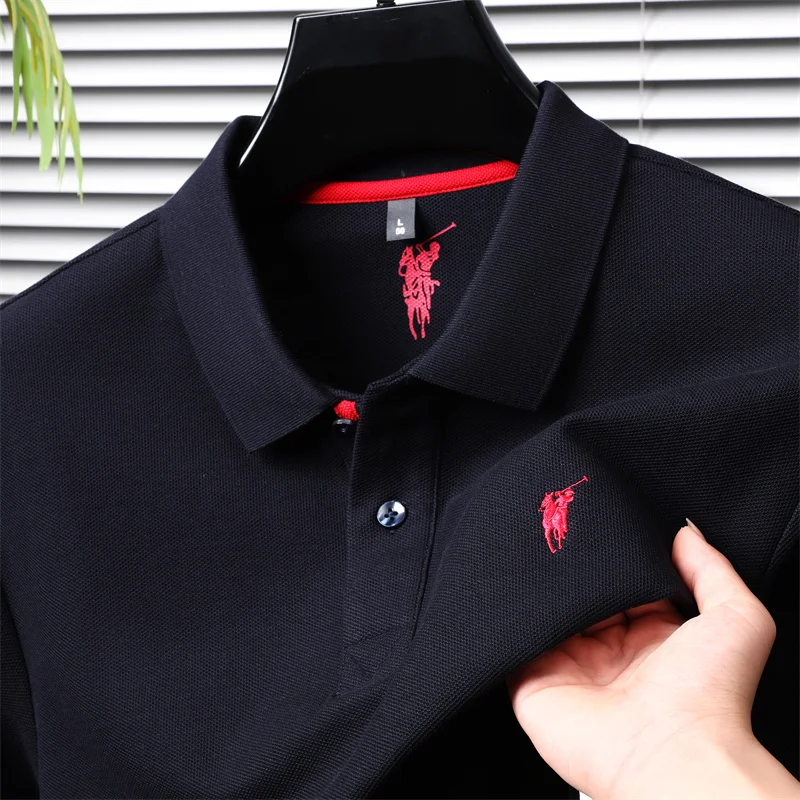 

Двухслойная толстая мужская рубашка-поло из 100% чистого хлопка с длинными рукавами и вышивкой, деловая футболка с воротником, свободный мужской топ