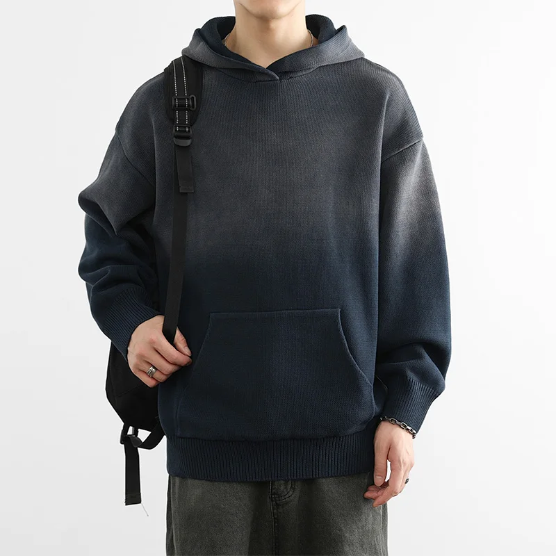 

Новая осенне-зимняя мужская толстовка с капюшоном, свободная, высококачественная, в американском ретро-стиле, модный бренд, вязаная кофта с градиентным цветом