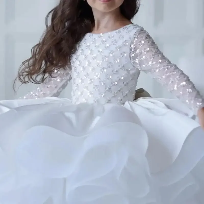 White Short Girl Princess Dress Sequin Kids Dresses for Girls Long Sleeves Bridesmaid Costume for Wedding Elegant Vestidos