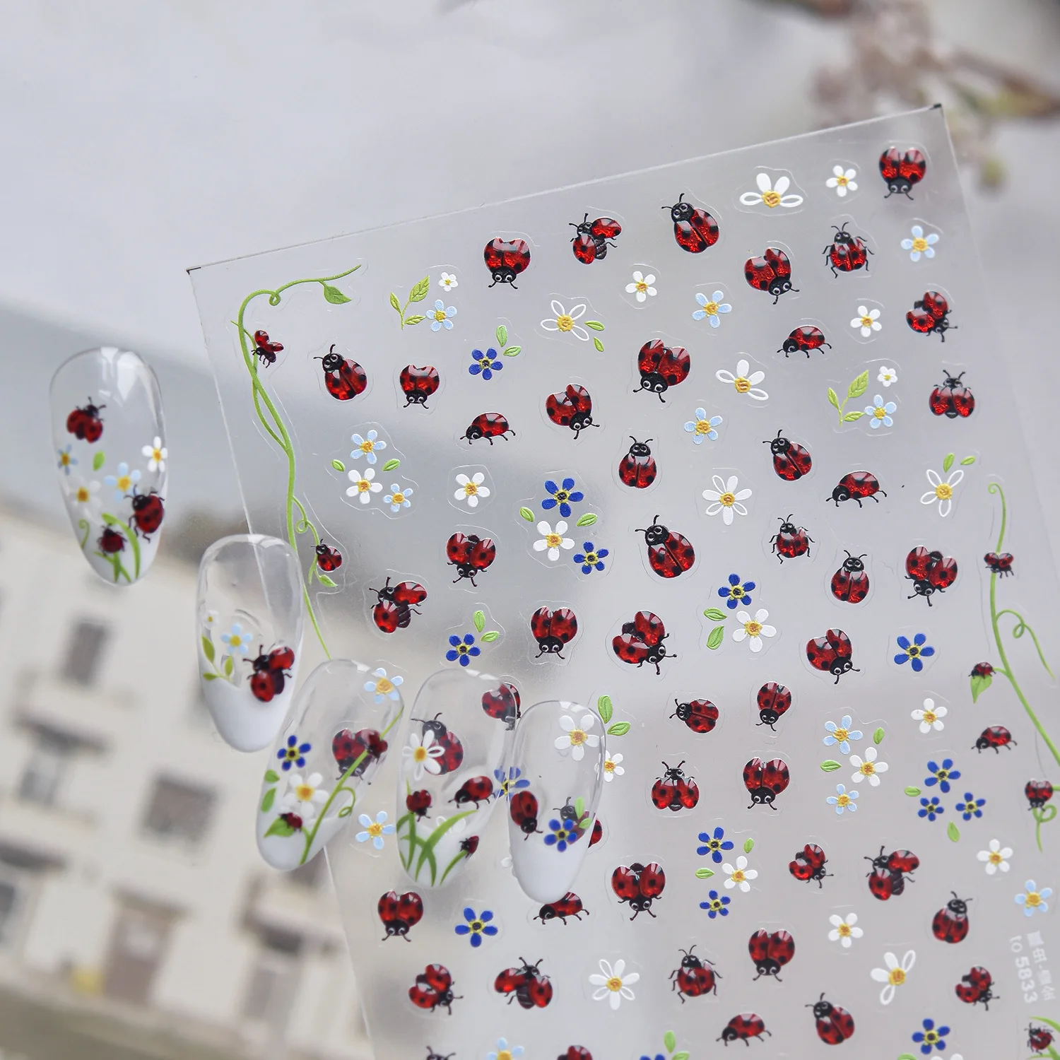 5D Pastoral Fresh Nail Stickers Red Background Black Dot Ladybug White Flower Green Vine Grass Petal Self-adhesive Nail Decals