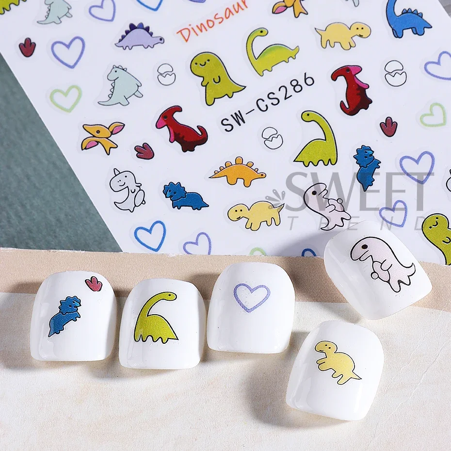 2 pezzi adesivi per nail art dinosauro cartone animato 3D graffiti simpatico dinosauro cane fiore amore design decalcomanie per unghie cursori decorazione manicure fai da te