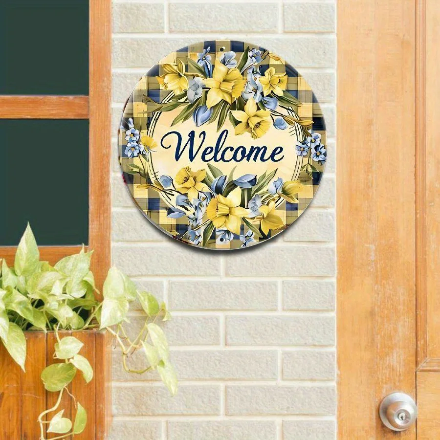 1pc Vintage Floral Welcome Sign - Elegant Script Wall Plaque with Blue Daffodil & Flower Design, HD Weather-Resistant Outdoor/ H