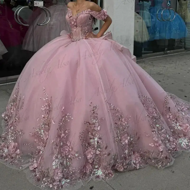 Urocza luksusowe światło różowe suknie balowe suknia balowa z odkrytymi ramionami kwiat kryształowy imprezowy formalny vestido de 15 años quinceanera 2024