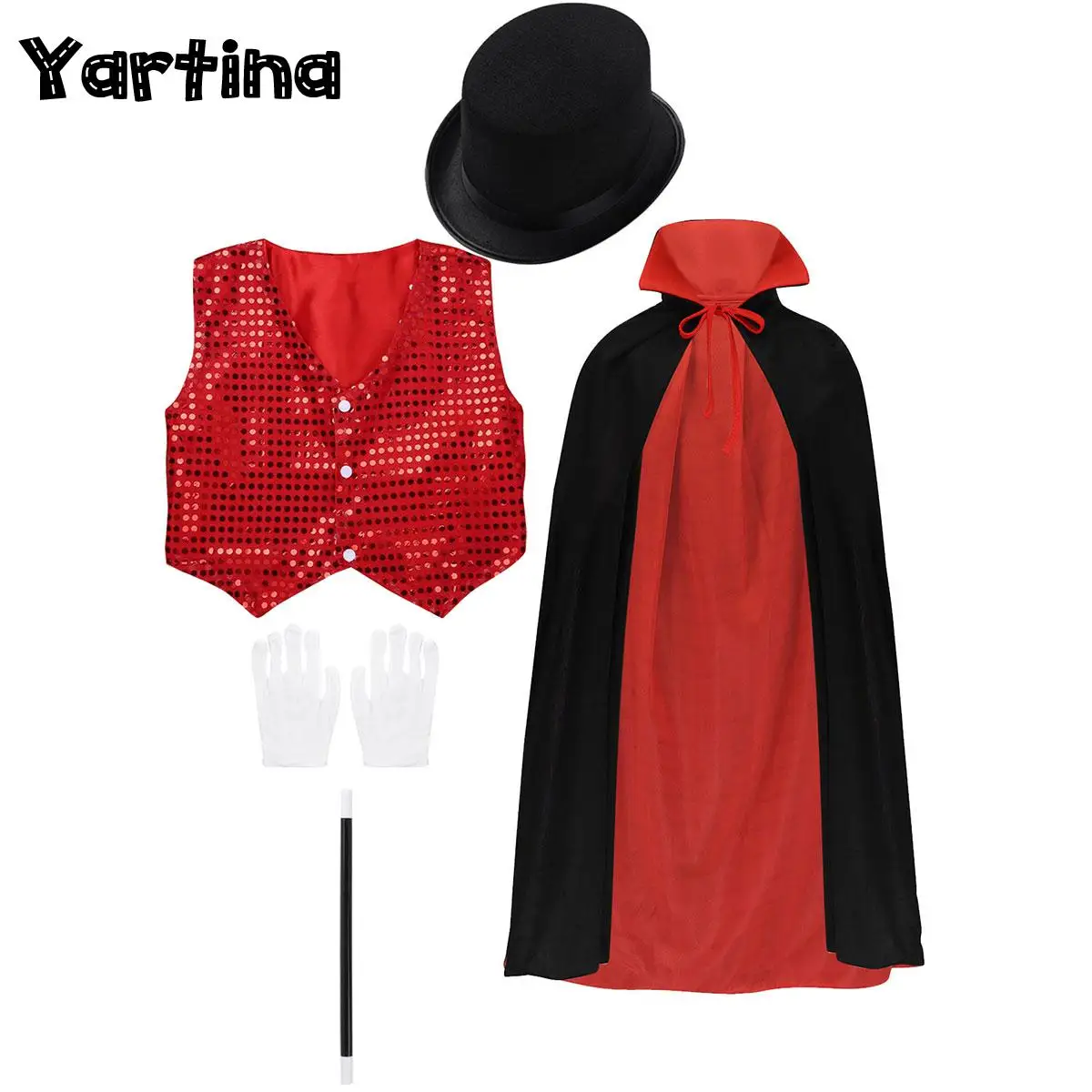 Kids Child Magician Costume Cosplay Outfit Waistcoat Cape Hat Magic Wand Gloves Set Magician Role Play Choir Jazz Dance Wear