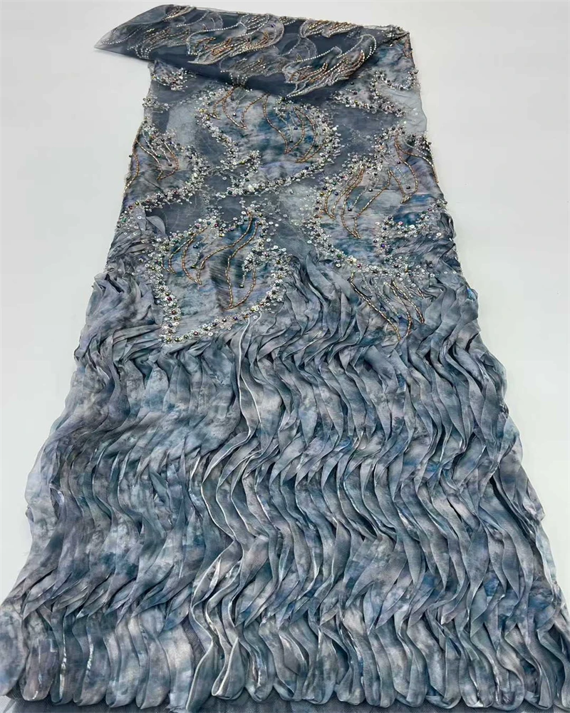 Hot Sale Exquisite Design Nigeria Handmade Embroidery Sequins Net Lace With Bead Top Quality For Party Evening Dress