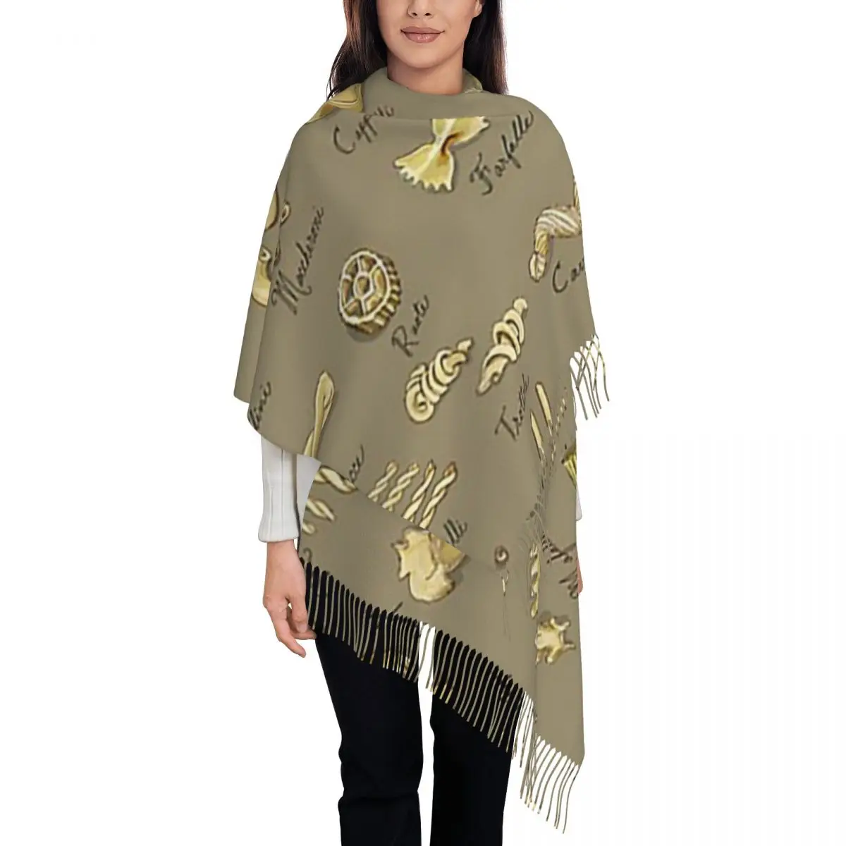 Italian Pasta Shapes On Taupe Background Scarf Tassel Scarves for Women Soft Warm Shawls and Wraps Long Fall Winter Shawl Wrap