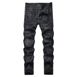 Men Printed Jeans Colored Shinning Geometry Plaid Painted Pants Black Stretch Denim Slim Straight Trousers
