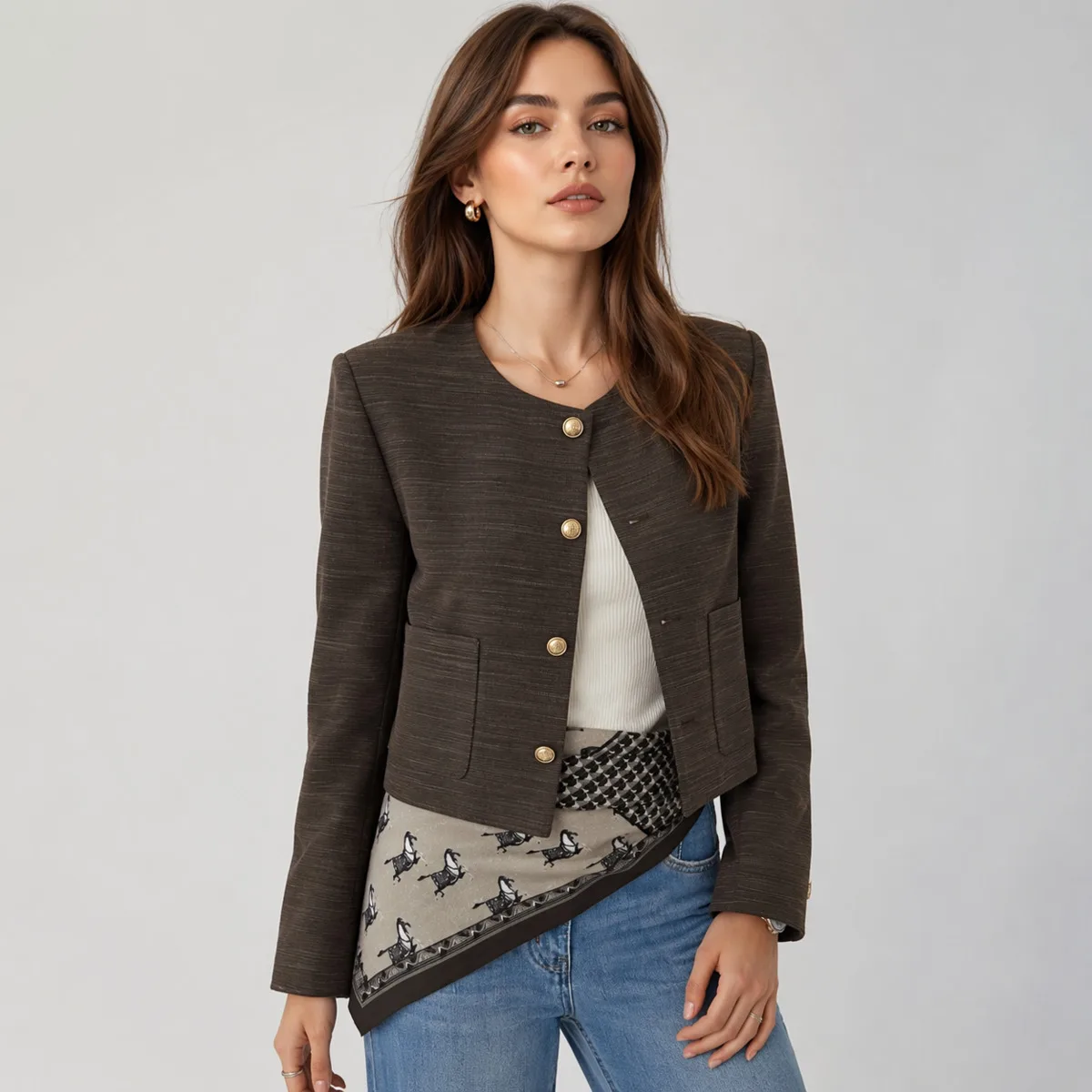 IG 2026 Women's Round Neck Textured Tweed Cropped Blazer, Gold Button Side Pocket Long Sleeve Minimal Elegant Short Suit Jacket