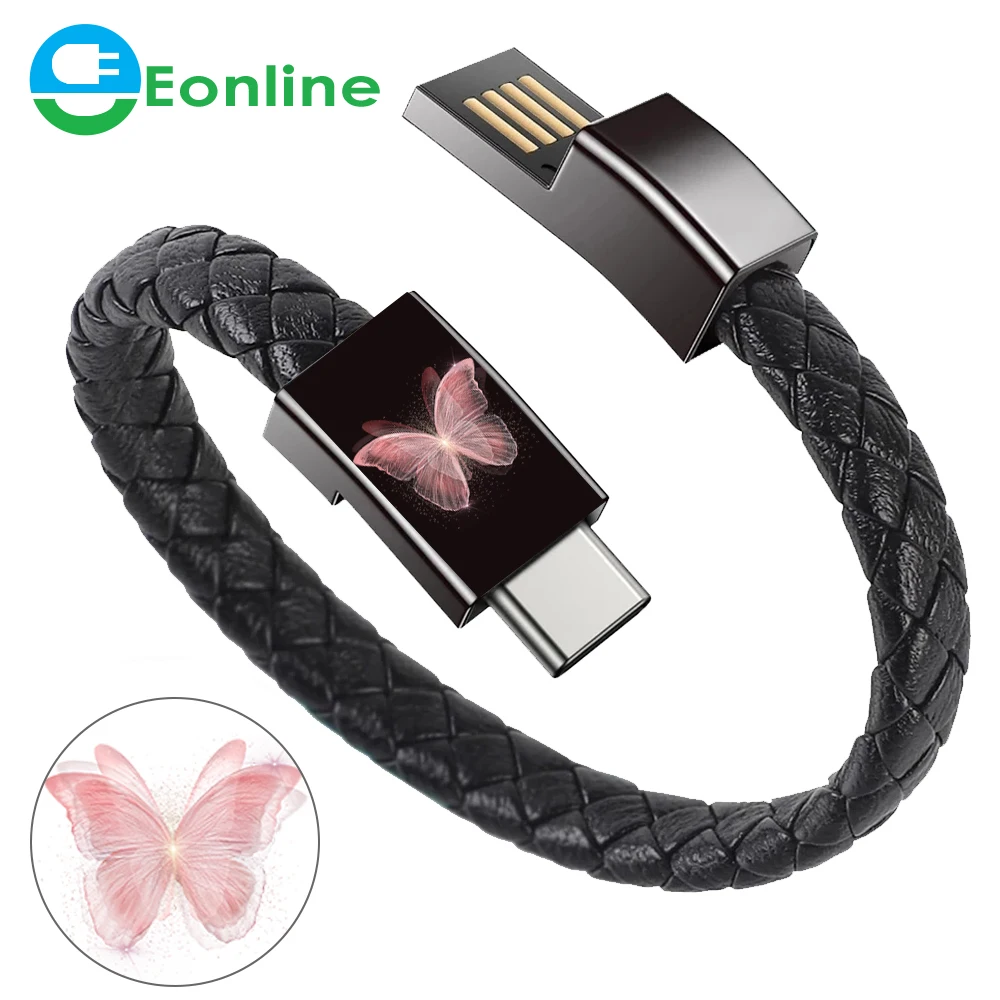 EONLINE  3D 6A Black Mini USB Type-C Bracelet Charger Data Cable For iPhone Android Type-C Phone Cable Fashion Leather