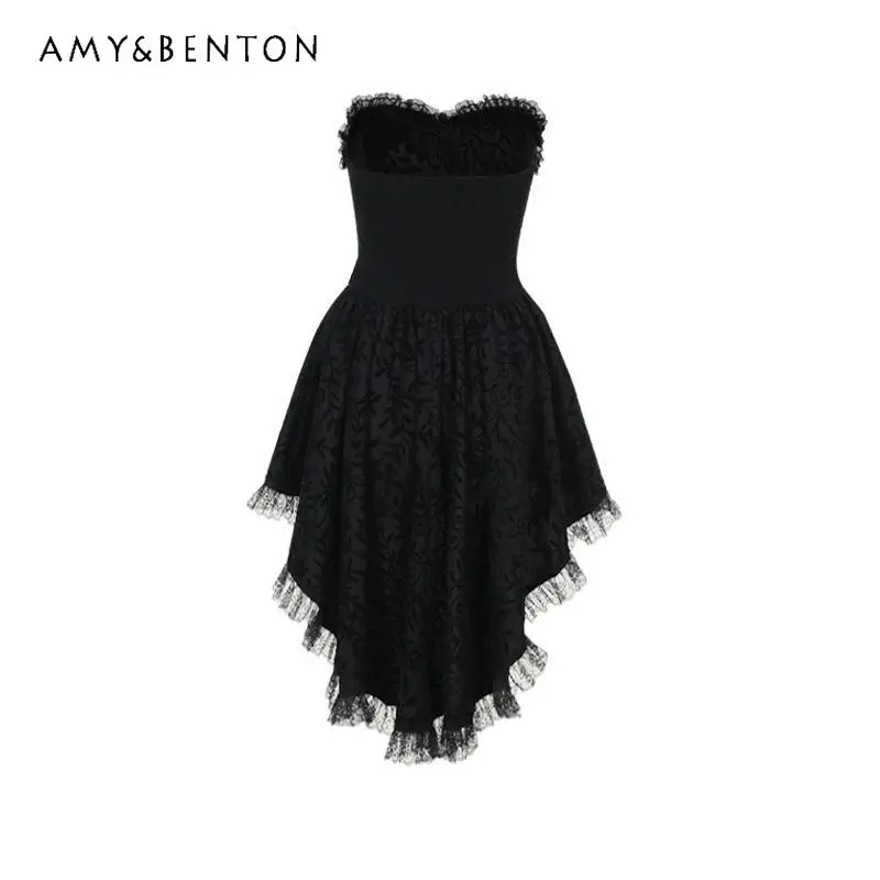 

Retro Design Black Classical Jacquard One-word Shoulder Bow Women's Dress Original Goth Sweet Cool Sexy Tube Top Dresses Ladies
