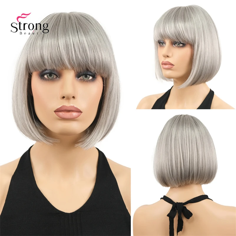 Silvery Short Straight Bob Wig For Women With Bangs Grey Bob Wig Silvery 10inch Synthetic wig Heat Resistant Fiber Hair Na