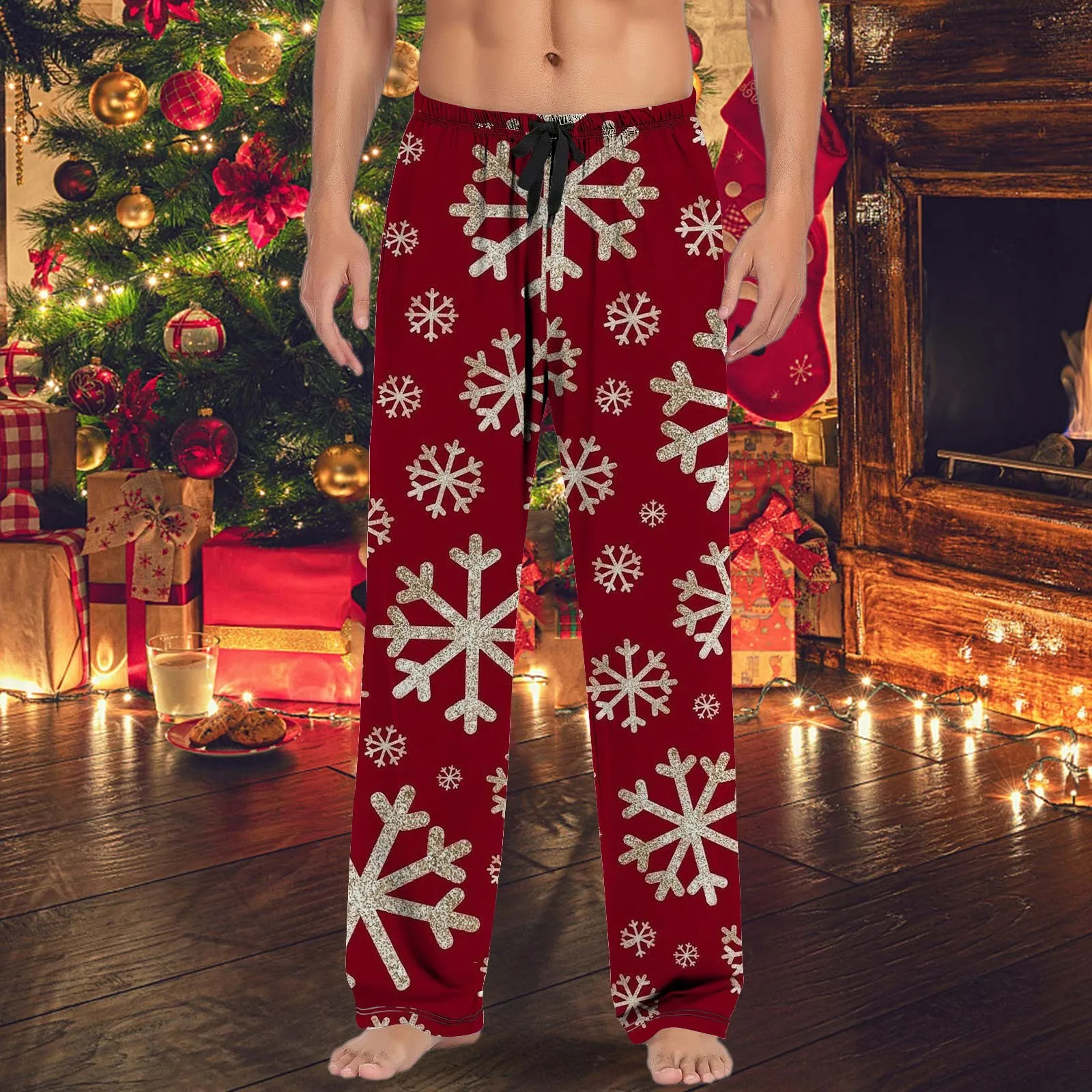 Men’S Christmas Casual Pajama Pants With Drawstring And Pockets Family Party Loose Soft Christmas Tree Printed Straight Trousers