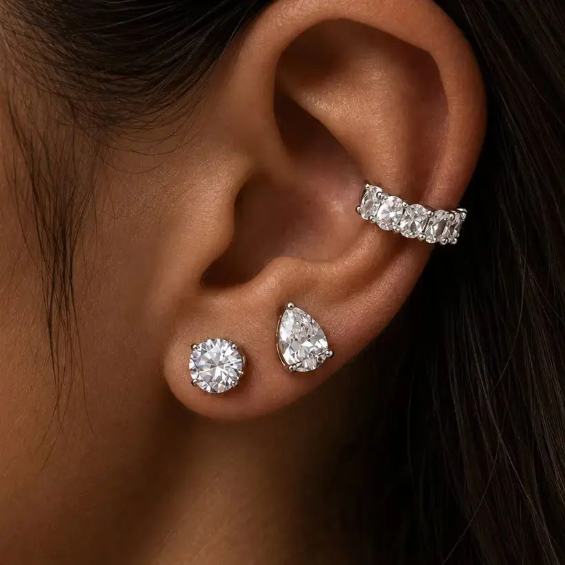 PuRui New Fashion 316L Stainless Steel Stud Earrings for Women Shiny Zircon Water Drop Round Ear Studs Waterproof Jewelry Gifts