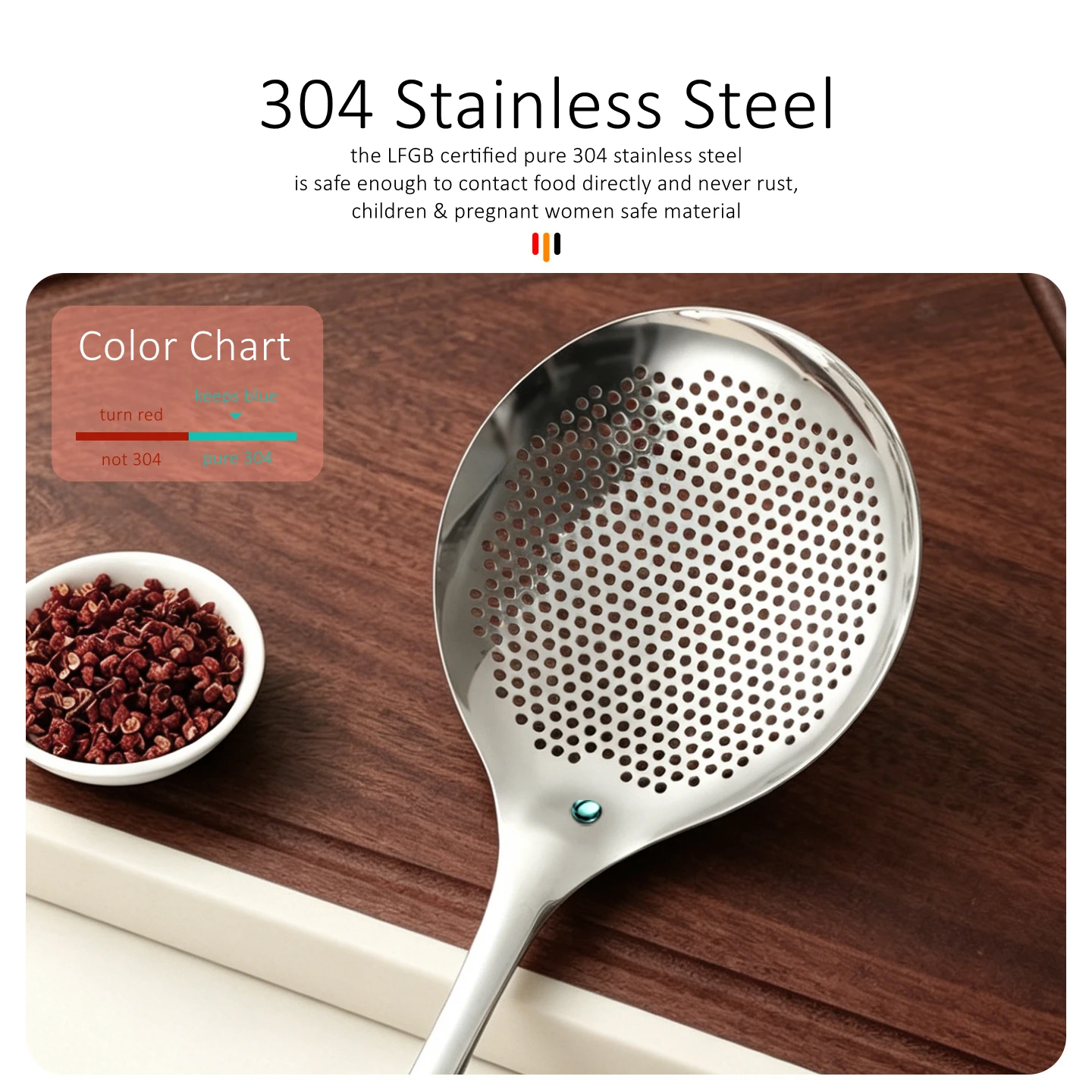 Snainy LFGB Certification Pure 304 Stainless Steel Cooking Sieve 2 Size Options Frying Colander with Ultra Thick and Long Handle