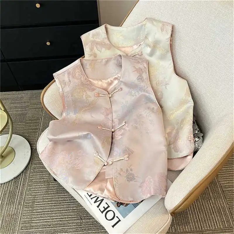Chinese Style Pan Buckle Waistcoat Coat 2026 Spring Autumn Vest Shoulder Top Women's Vest Versatile Sleeveless Jacket  Outerwear