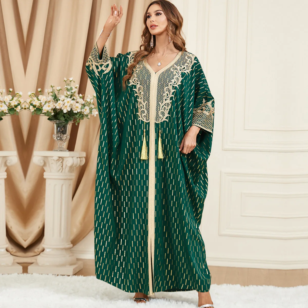 Spring Autumn Muslim Long Sleeve V-neck Green Polyester Long Dress Muslim Fashion Abaya Maxi Dress Muslim Dresses for Women