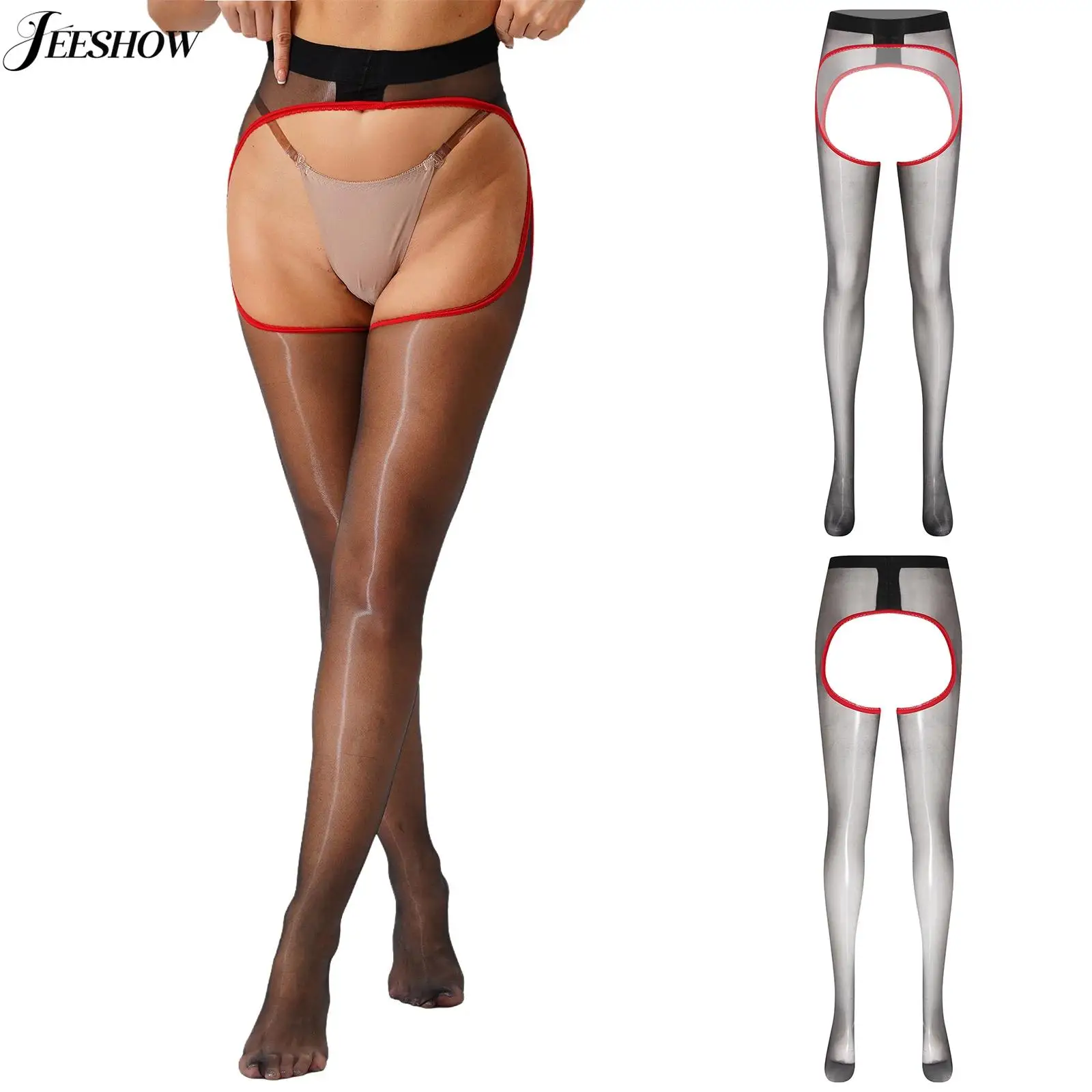 المرأة انظر من خلال مفتوحة المنشعب جوارب طويلة حزام مطاط الجوف خارج القدمين طماق ملابس النوم لامعة شير جوارب الجوارب #2