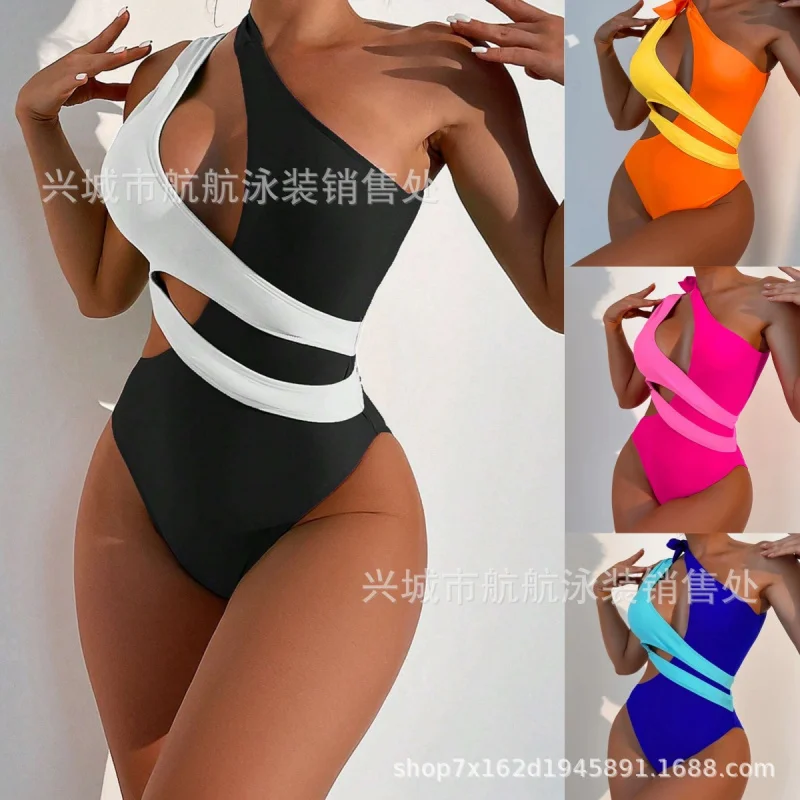 

One-Piece Stitching Bikini Swimsuit Solid Color T-Back Backless SwimmingbikiniMulticolor European