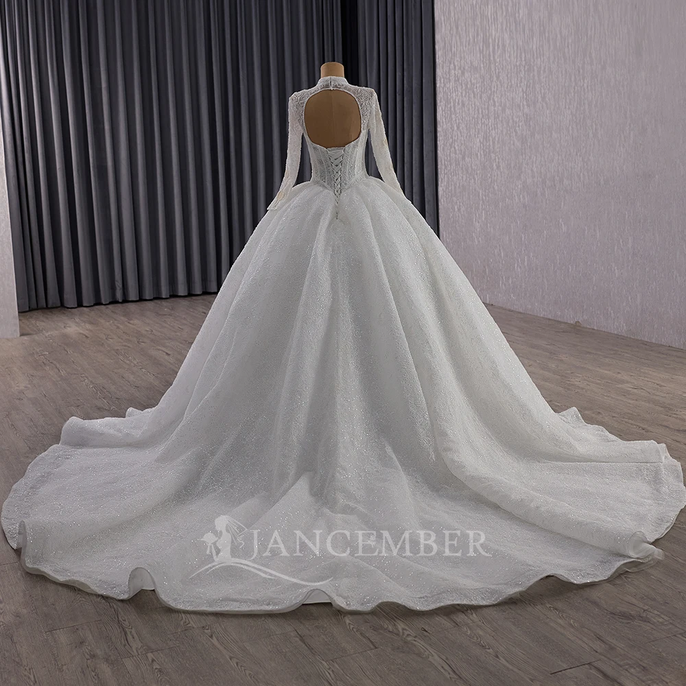 Glitter High Neck Customized Wedding Dresses Classic Long Sleeves Shiny Tulle Ball Gown Princess Bridal Gown Vestido De Novia