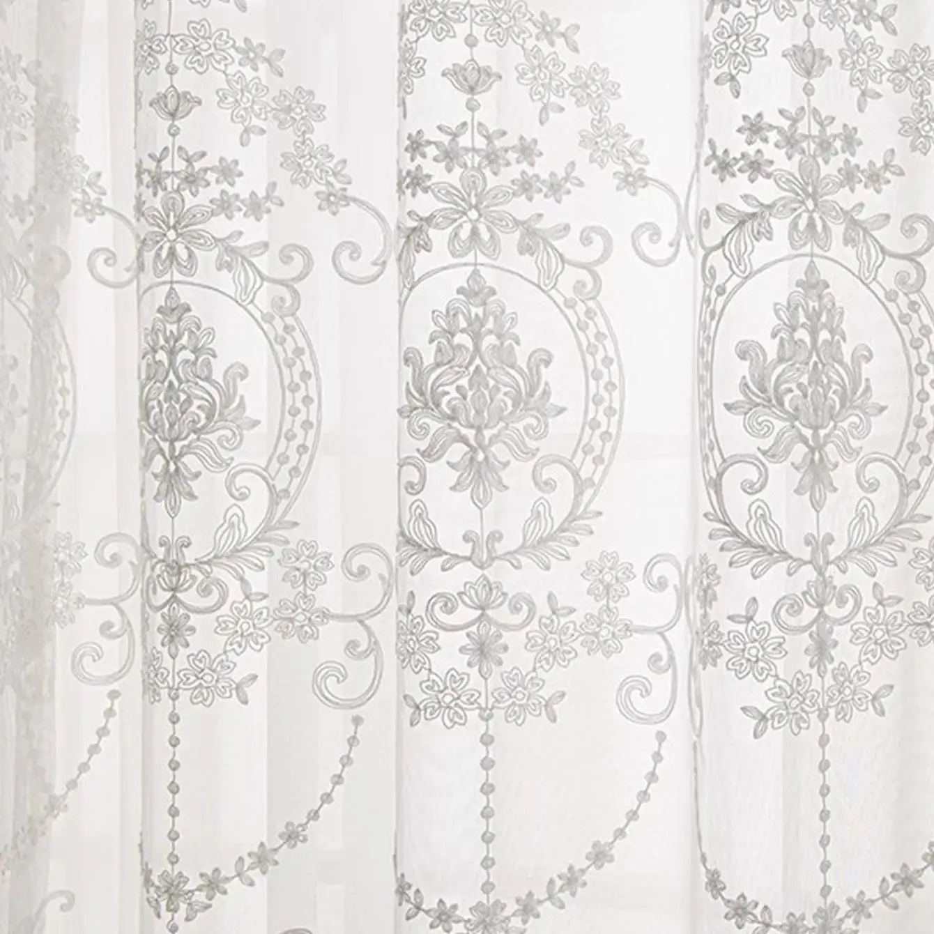 2Pc Embroidered Sheer White Curtain with Floral Pattern