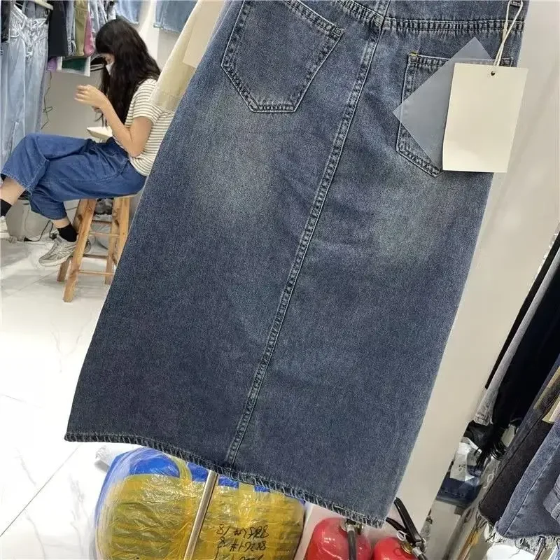 تنورة دينم عالية الخصر للتخسيس مقاس كبير للنساء ربيع جديد نمط متوسط الطول على شكل حرف a مع فتحة جانبية هامشية #2