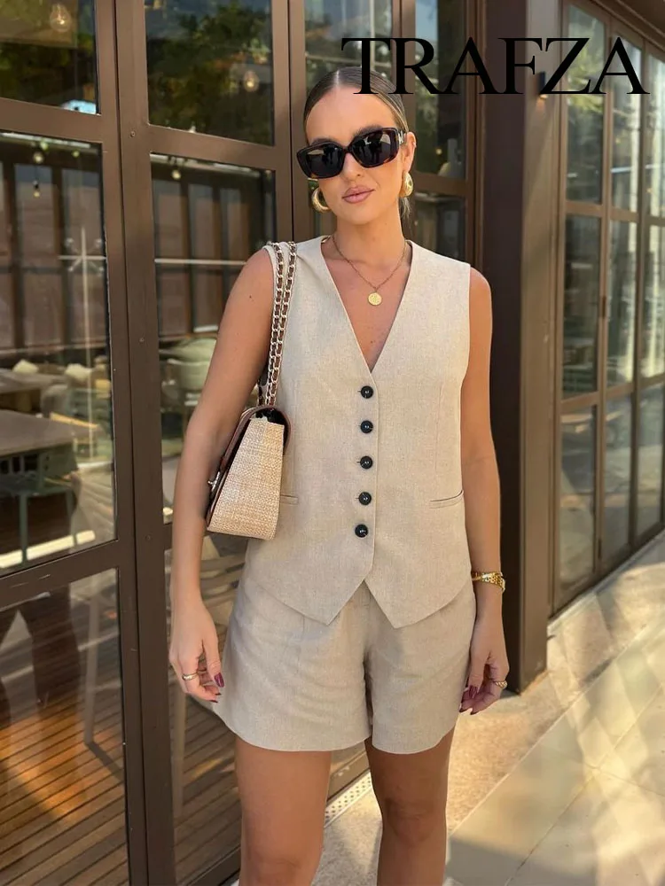 TRAFZA Vintage Pant Sets For Women Solid Linen V Neck Waistcoat Single Breasted Loose Vest Top Chic Woman Elegant Shorts Suit