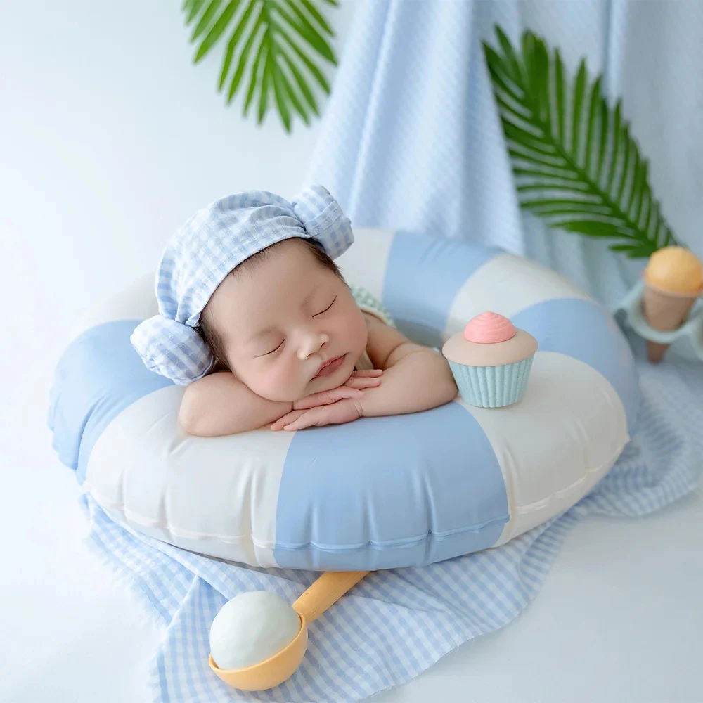 Newborn Photography Props Hawaii Swimming Pool Theme Baby Clothing Headscarf Set Swimming Ring Ice Cream Infant Posing Accessory