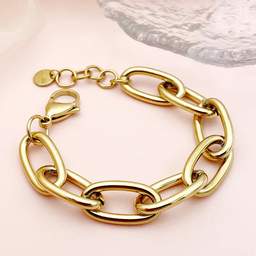 May@RZ 1pc Classical Simple Couple Chain 14K Plated Stainless Steel Bracelet For Daily Wear Men And Women's Jewelry