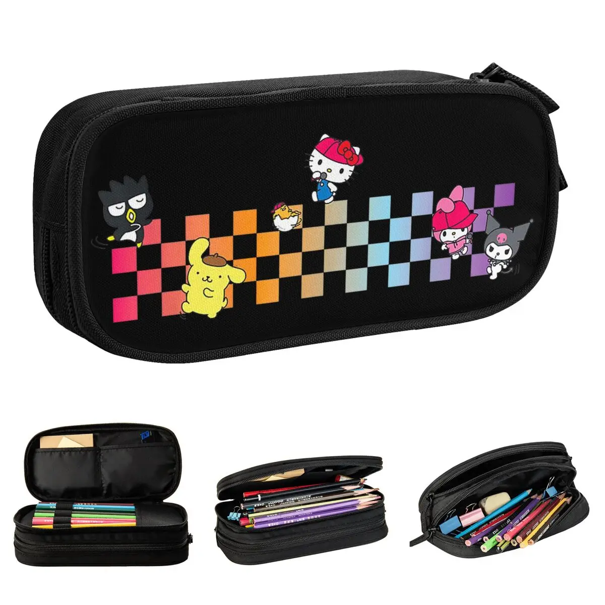 Hello Sanrio Characters Checkerboard Pencil Case Pen Holder Bag Girls Boys Big Capacity Office Gifts Pencil Box