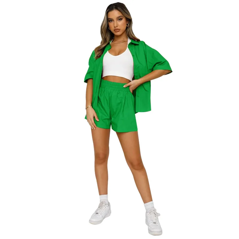 

Conjunto Deportivo Mujer, одежда для женщин, новые однотонные топы с короткими рукавами и лацканами, шорты, женский офисный костюм из 2 предметов