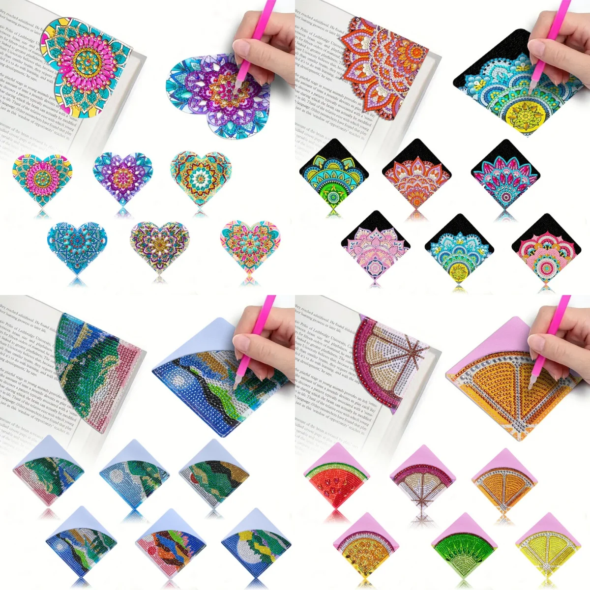 6 Sets of DIY Diamond Painting Art Corner Bookmark Kits, Mandala/Heart/Fruit/Landscape/Diamond Painting Bookmark Corners