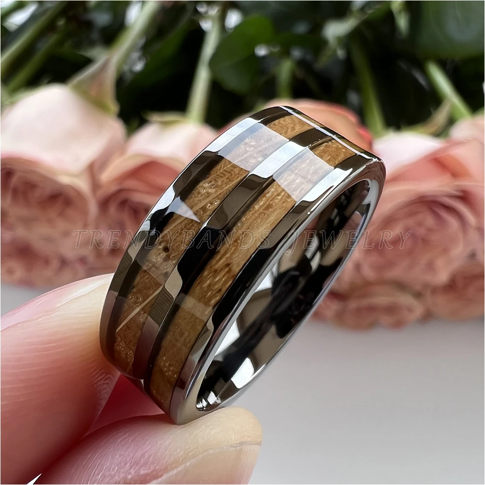 8 mm Herren- und Damenring, Wolfram-Ehering, Paar-Modeschmuck, Whiskyfass, Holzeinlage, poliert, glänzend, bequeme Passform – Detail 8