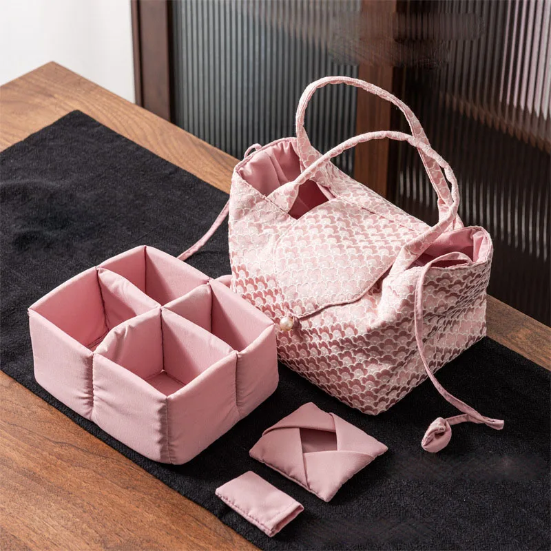 Brocade Travel Tea Set Storage Bag Japanese Style Outdoor Portable Large Capacity Teapot Storage Box Tea Cozies Fabric Bag ZC795 view 2