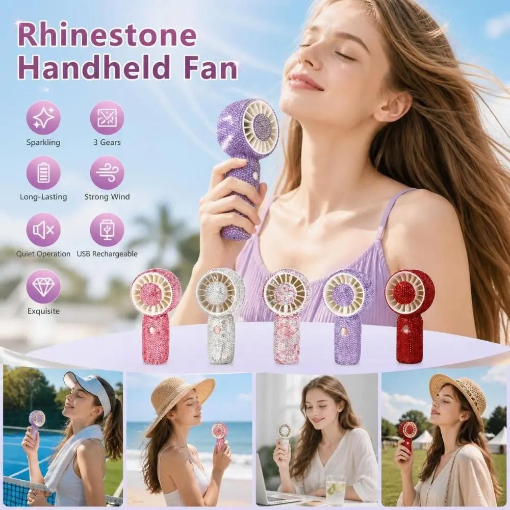 Sparkling Rhinestone Handheld Fan Long-Lasting 3 Gears Mini Cooling Fan USB Rechargeable Quiet Operation Portable Hand Fan