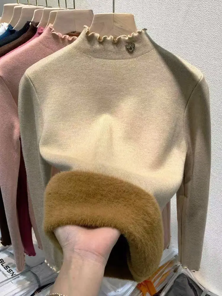 

Шикарный утепленный свитер с высоким воротником на флисовой подкладке для женщин, базовый слой, теплый осенне-зимний топ, вязаный джемпер