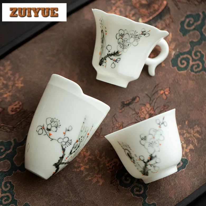 

2pc/lot Hand-painted Plum Blossom White Porcelain Teacup Zen Tea Bowl Tea-tasting Personal Cup Chazhan Master Cups Teaset Gift