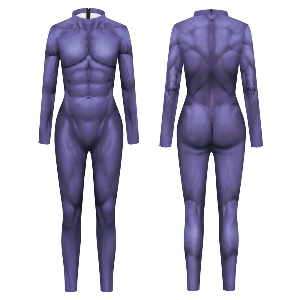 

Фиолетовый костюм зентай с мышцами для мужчин и женщин, необычный карнавальный костюм Пурим для косплея, сексуальный вечерние комбинезон, праздничный комбинезон