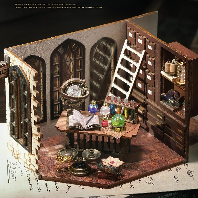 Zuuton DIY Miniature Magic Doll House Kit Wooden Gothic Clock Tower Building Model with LED Light Creative Gift for Home Decor