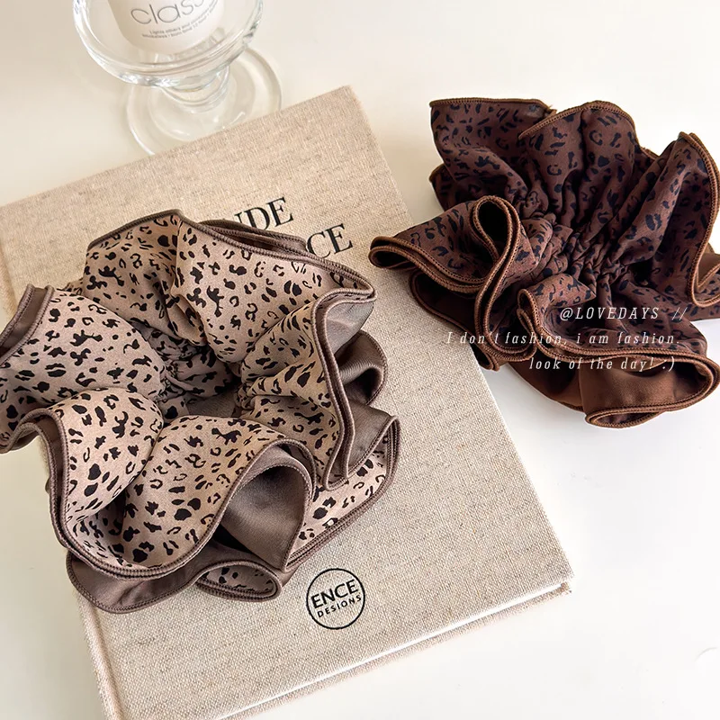 

Leopard Print Scrunchie Brown Velvet Chunky Elastic Ponytail Holder Bun Tie Voluminous Hair Ring Daily Women