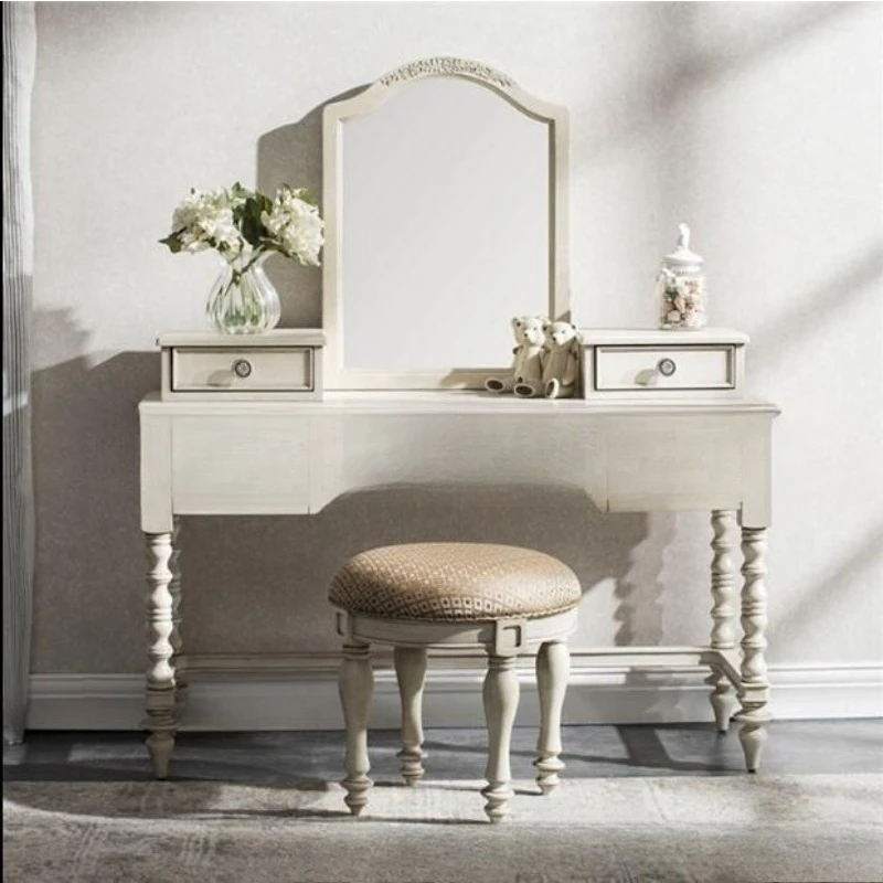 Solid wood dresser furniture bedroom oak white distressed storage table vintage makeup table and chair combo