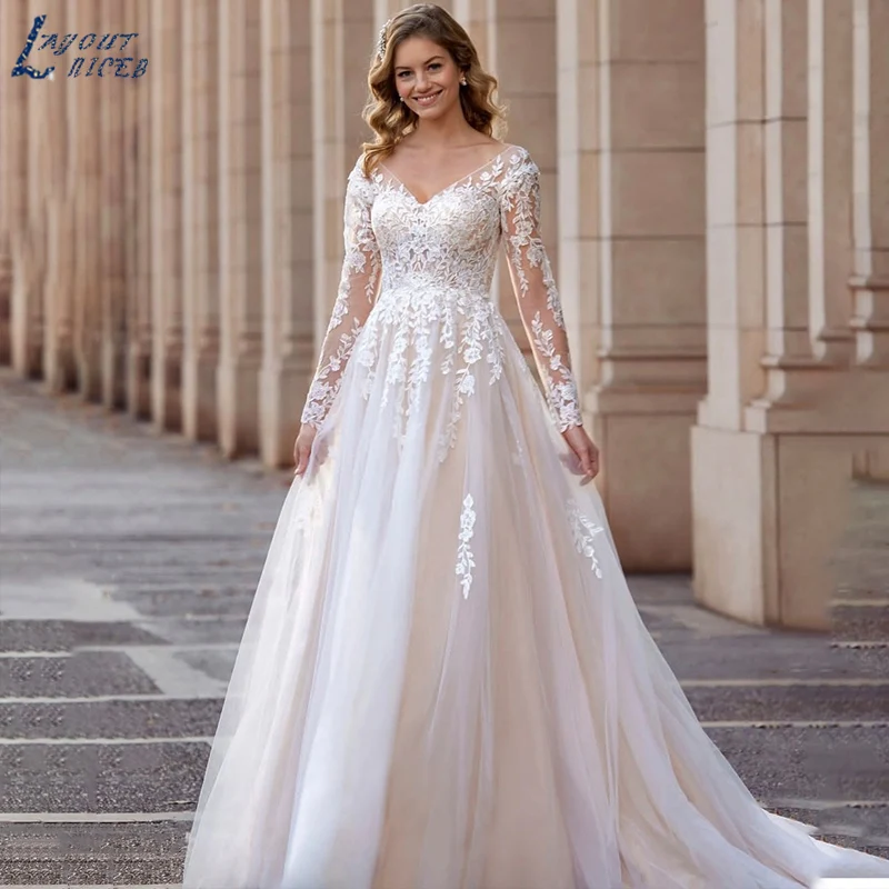 Vestido De novia De manga larga con diseño NICEB, vestido De novia Vintage con Apliques De encaje, Túnica De ilusión Mariée, espalda con botón, tren De barrido hecho a medida