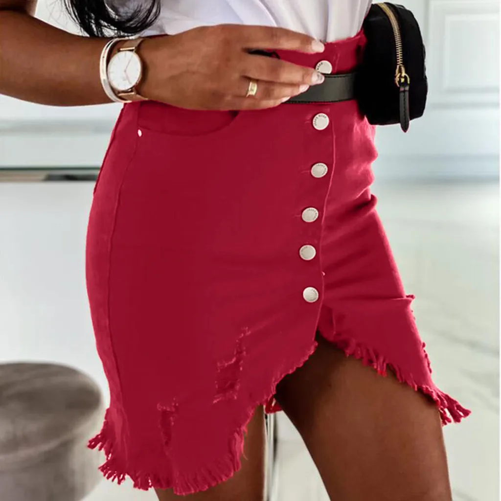 

2024 Women Hole Denim Skirt Single-breasted Brushed Decoration Irregular Hem Summer Clothing Female Sexy High Waist Mini Skirts