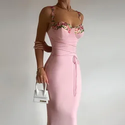 Pink Sheath Prom Dress 3D Flower Appliqued Sleeveless Lace Up Sexy Strap Formal Party Evening Gown Pageant Cocktail Robes