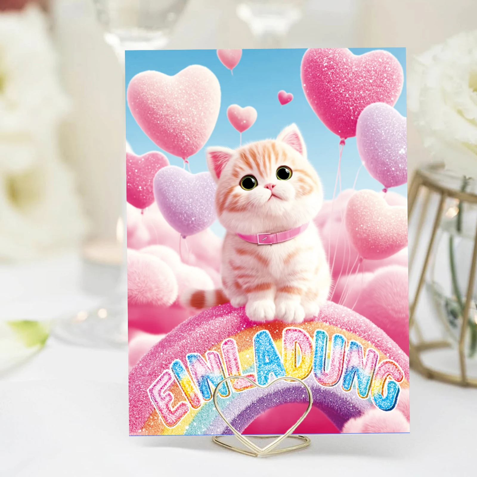 12 قطعة من بطاقة دعوة لطيفة على شكل قطة قوس قزح - بالونة ملونة على شكل قلب وتصميم قوس قزح - مناسبة لحفلات أعياد الميلاد #6