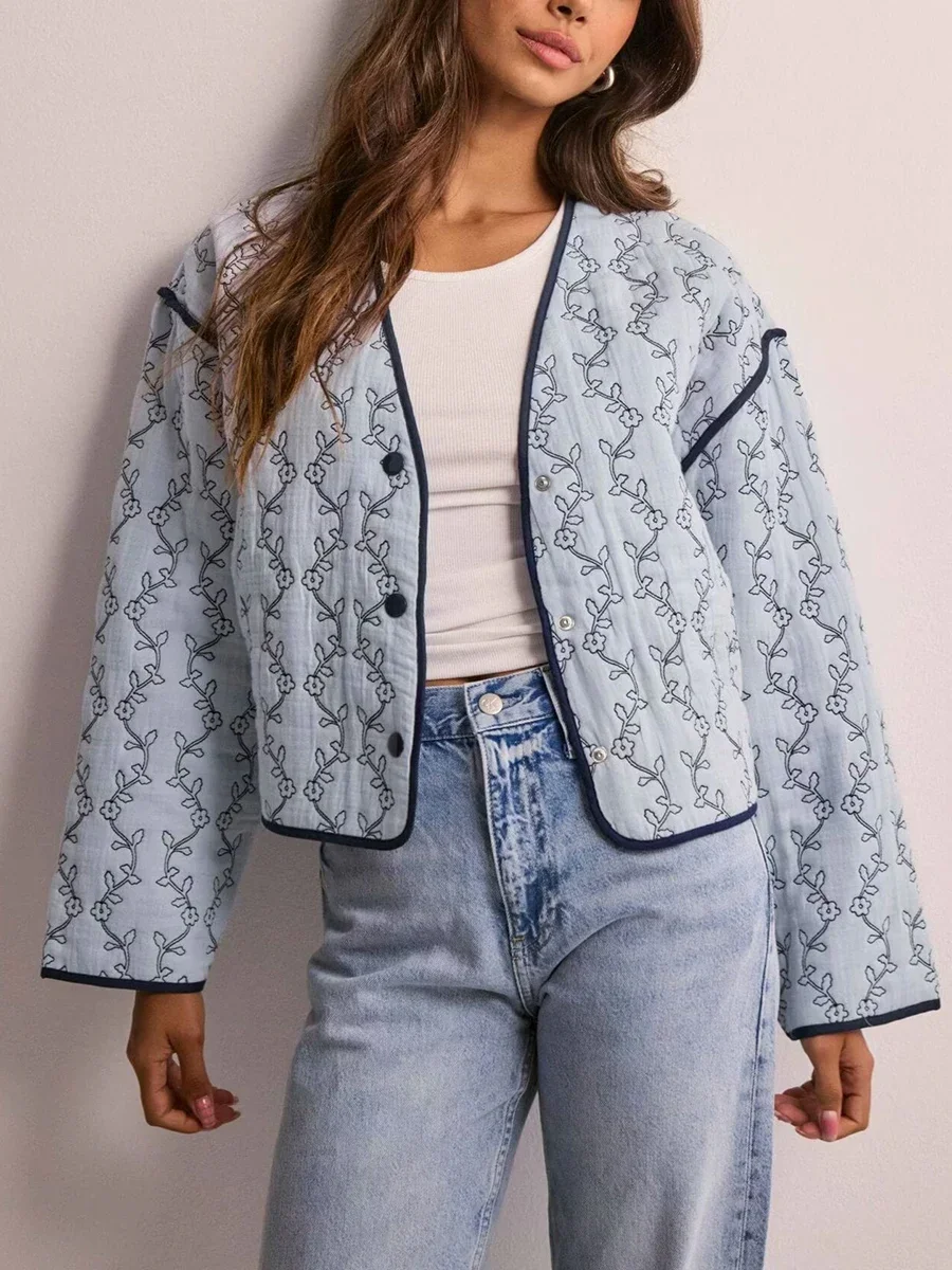 Women's Floral Print Puffer Jacket Winter Warm Long Sleeve V Neck Button Up Padded Coat Spring Lightweight Outerwear Streetwear